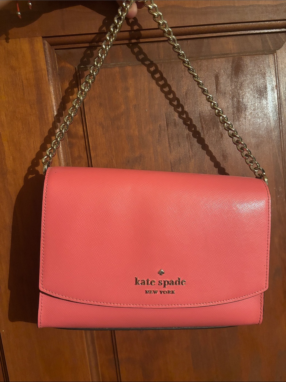 kate spade Coral Pink Leather Shoulder Bag with Gold Chain